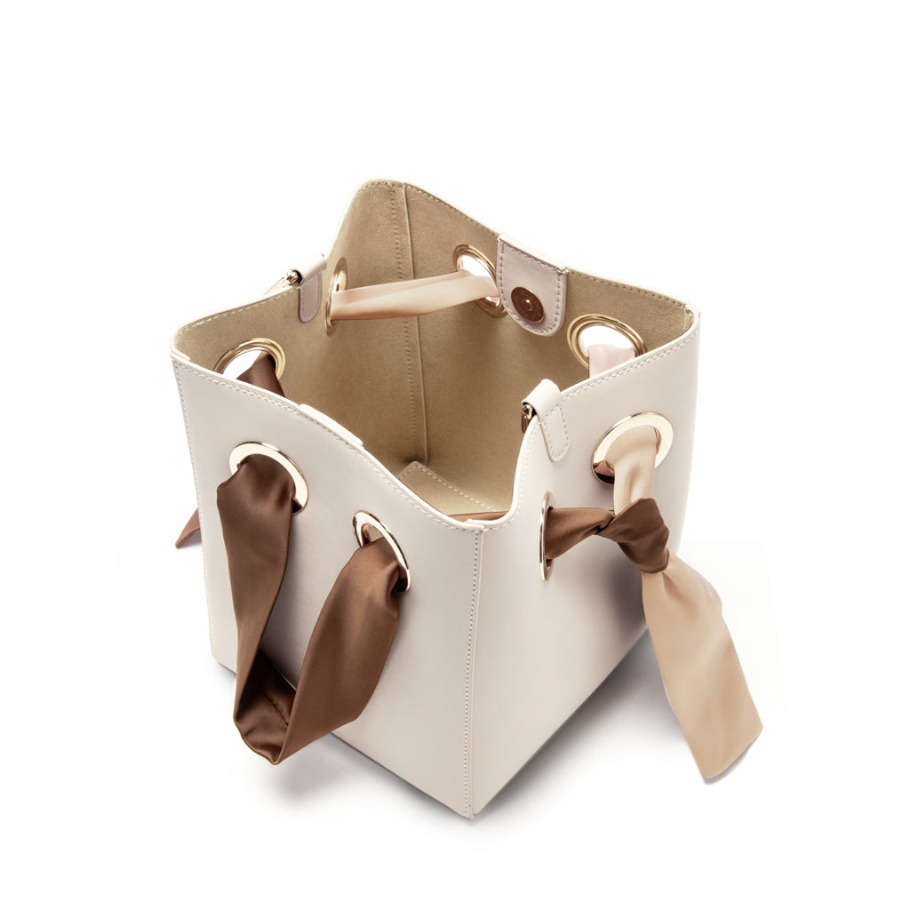 Ribbon Handle Bucket Bag - Cream/Pink/Brown