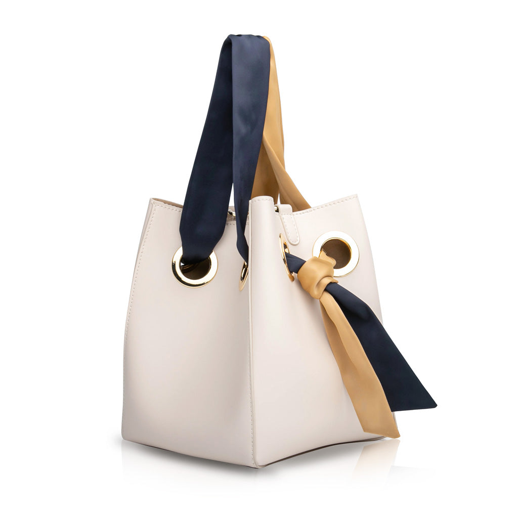 Ribbon Handle Bucket Bag - Cream/Blue/Khaki