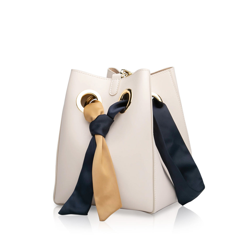Ribbon Handle Bucket Bag - Cream/Blue/Khaki