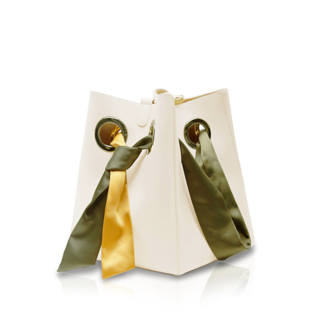 Ribbon Handle Bucket Bag Cream/Yellow/Olive Unitude Leather Bags