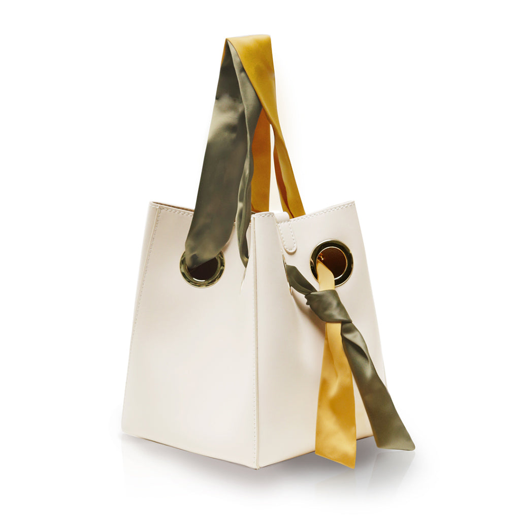 Ribbon Handle Bucket Bag - Cream/Yellow/Olive | Unitude Leather Bags for Women